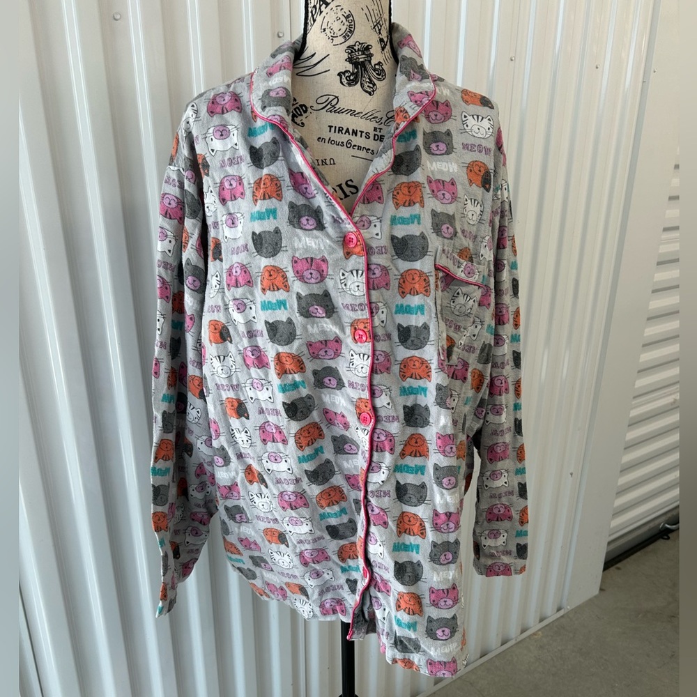 Joe Boxer Cat Print Pajama Top Flannel Long-sleeve Vintage